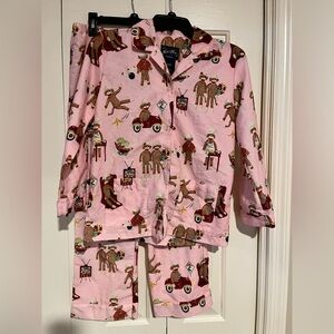 Nick & Nora Girls Pink Sock Monkey Pajama Top & Bottom Set Size Large